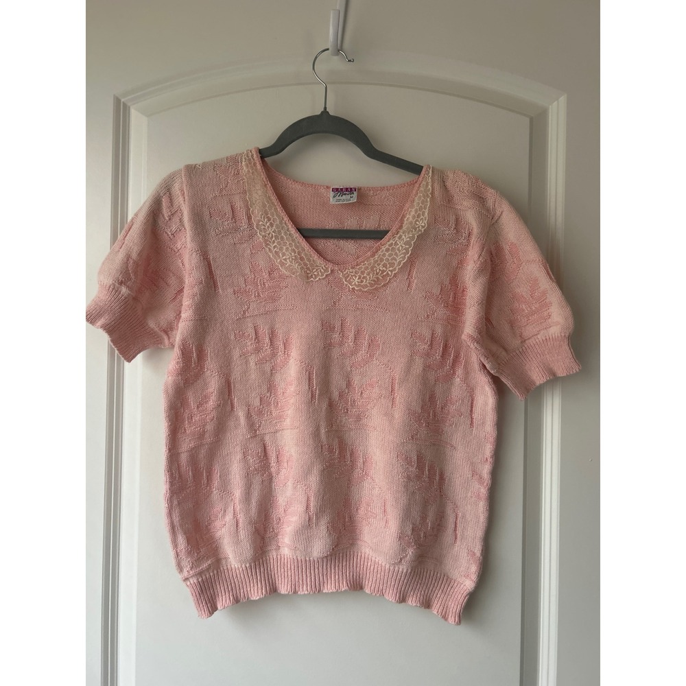 Vintage Garan by Marita Pink Knit Short Sleeve Sweater Lace Collar Leaf Size M